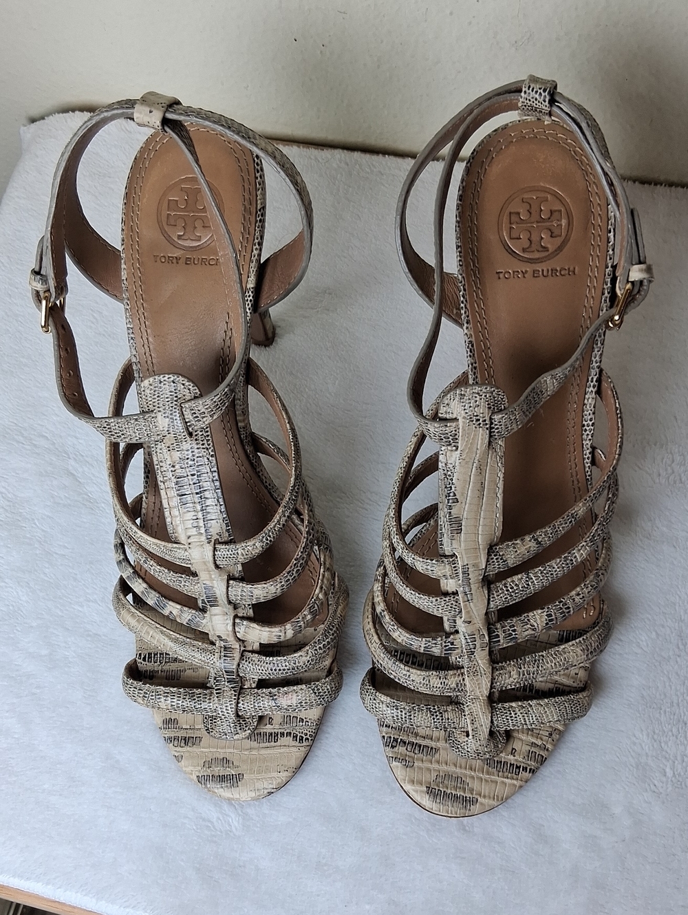 Tory Burch Neutral Snake-Print Strappy Heels